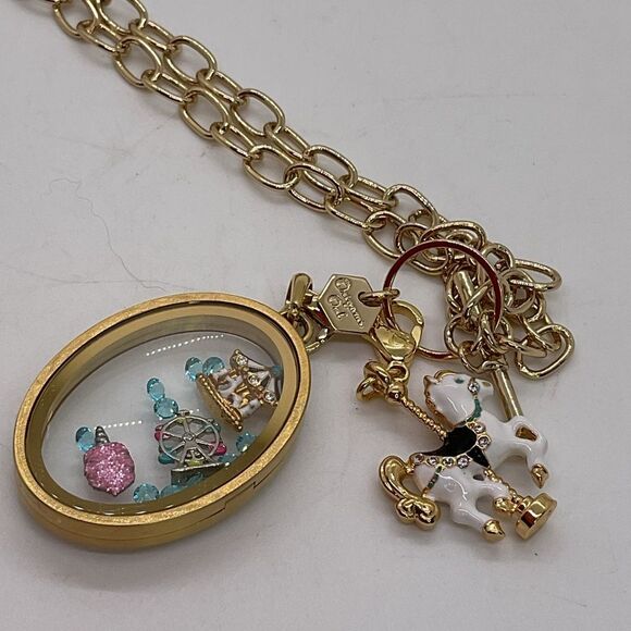 Limited Edition Origami Owl Gold Toned Oval Pendant Locket Necklace with Charms - Picture 2 of 5